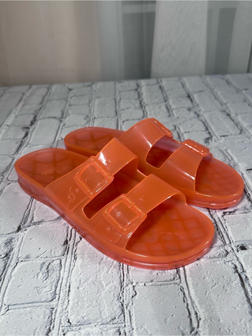 CACATOES Women’s Candy Scented Orange Slide Sandals with Double Buckle Straps